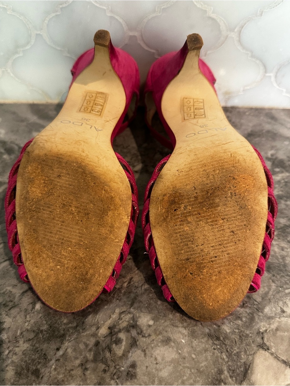 ALDO Fuchsia Suede Ankle-Strap Heels with Heart Accent - Picture 13 of 13